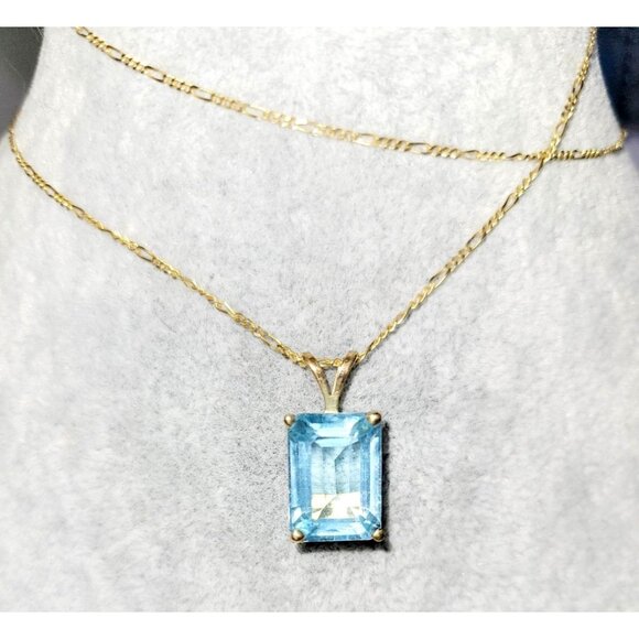 Vintage 10K Yellow Gold Emerald Cut Blue Topaz Pendant On 14K 20" Chain Necklace - Picture 4 of 8